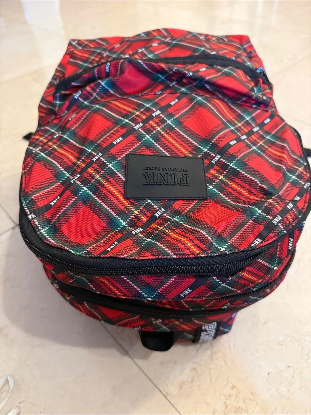 PINK Victoria's Secret Red Tartan Plaid Backpack with Black Trim NEW WITHOUT TAG
